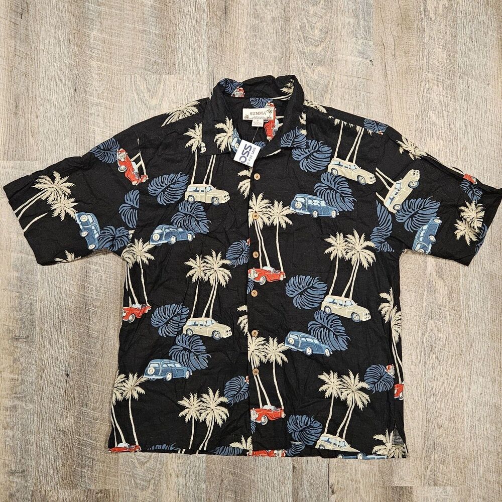 Summa Men's Black Short Sleeve Button Down Shirt Size XL Vintage Hawaiian Cars